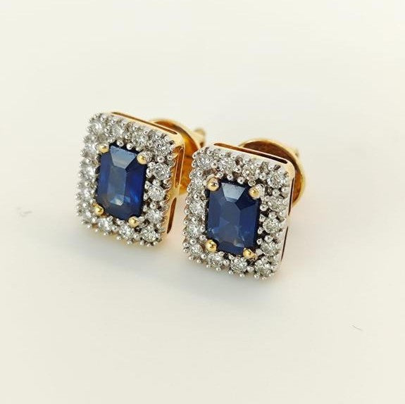 Aros Rectangulares Oro Amarillo 18K Brillantes Y Zafiros