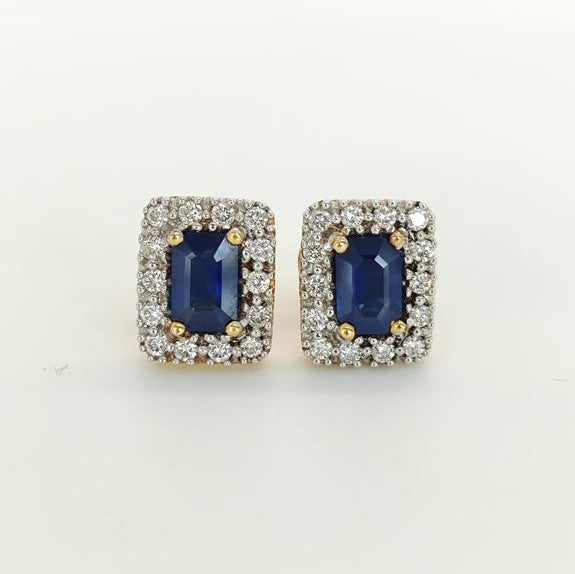 Aros Rectangulares Oro Amarillo 18K Brillantes Y Zafiros