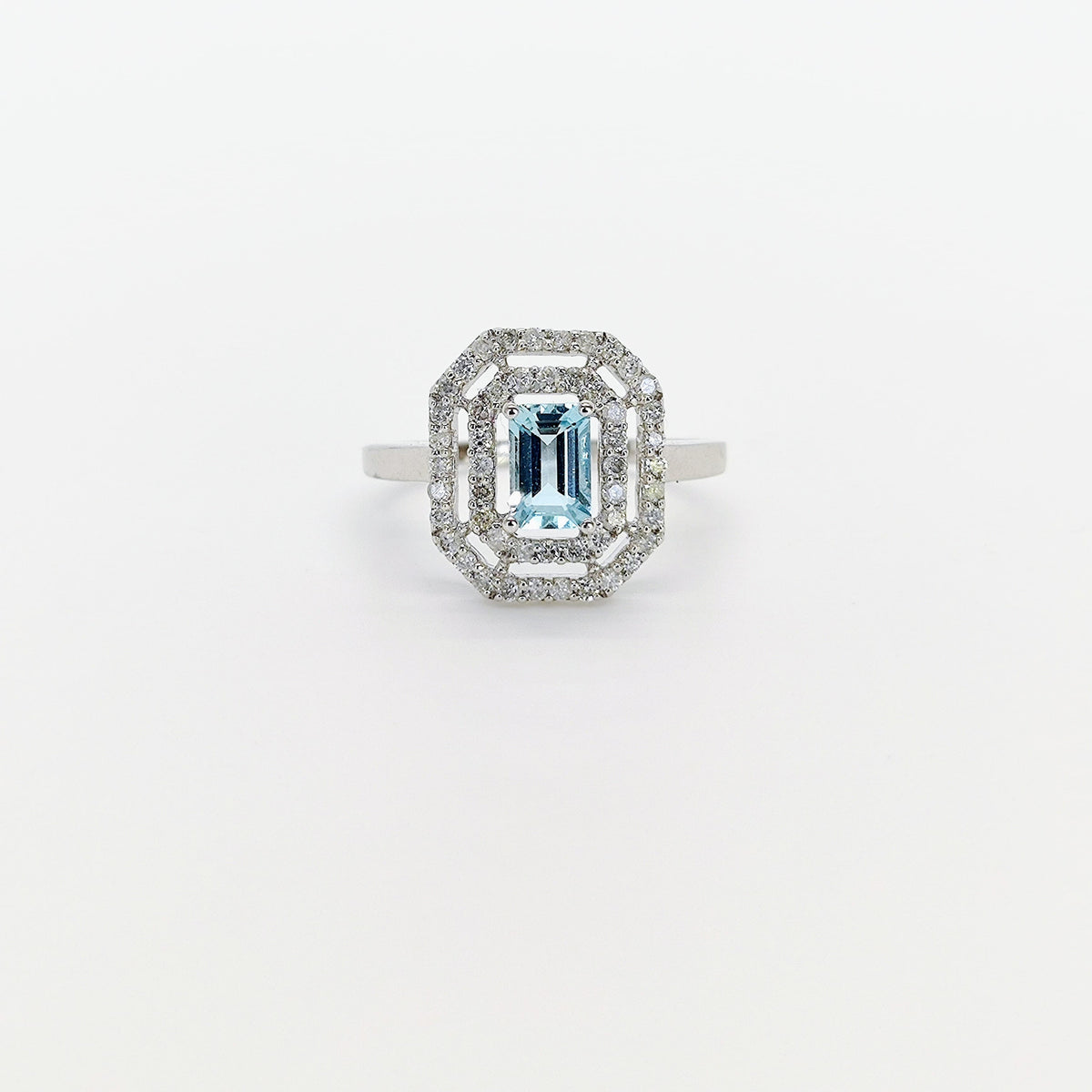 Anillo Aguamarina rectangular doble corrida de Brillantes Oro Blanco 18K