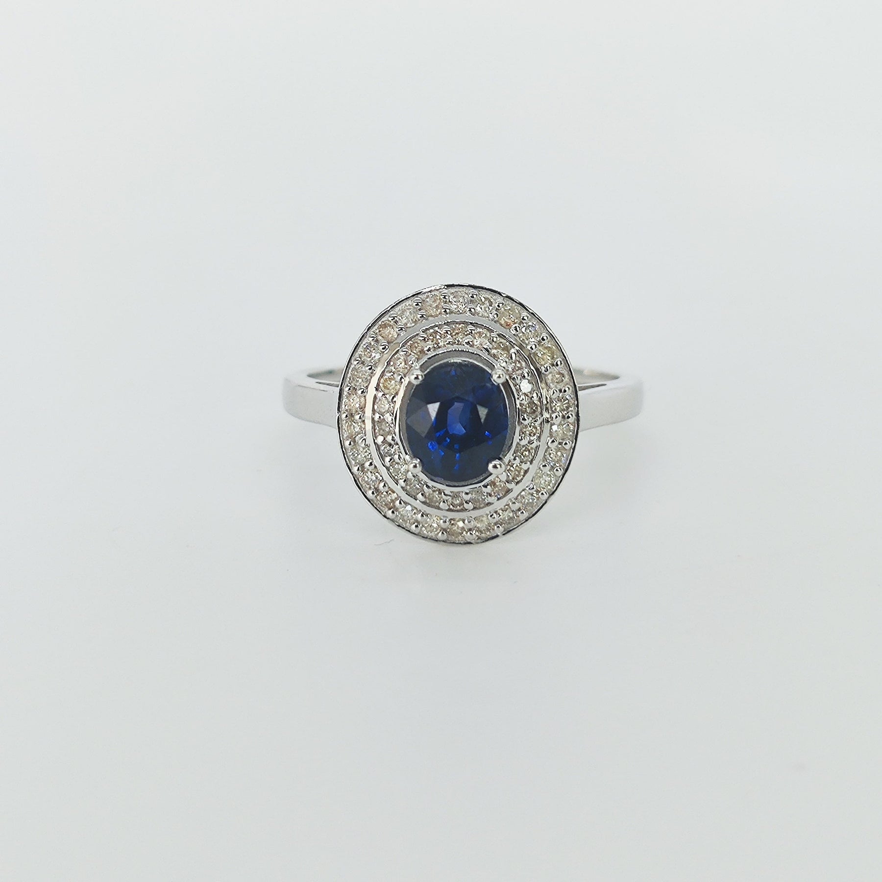 Anillo Doble Halo Brillantes Zafiro Oro Blanco