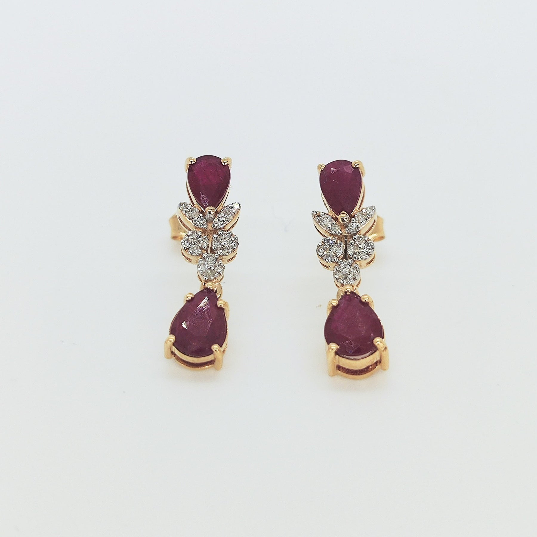 Aros Oro Amarillo Gotas De Rubí Y Flores De Brillantes
