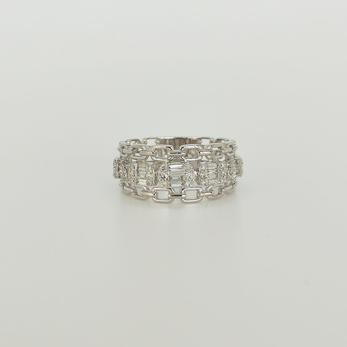 Anillo Cadena Oro Blanco Diamantes Baguette