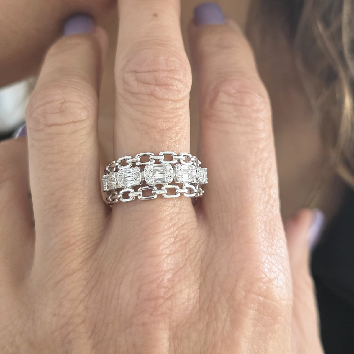 Anillo Cadena Oro Blanco Diamantes Baguette