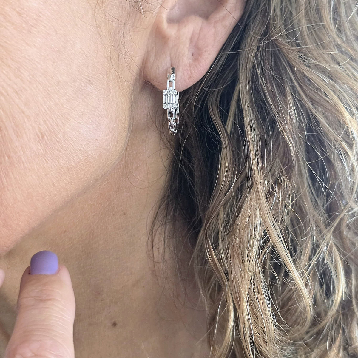 Aros Cadena Oro Blanco Diamantes Baguette