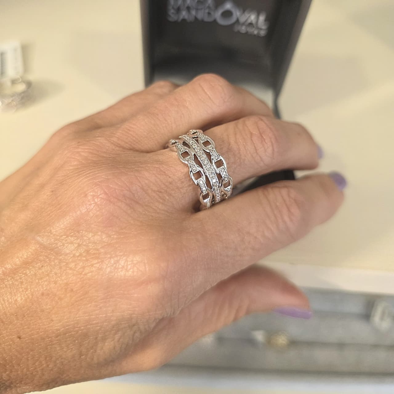 Anillo Eslabones Cadena Oro Blanco