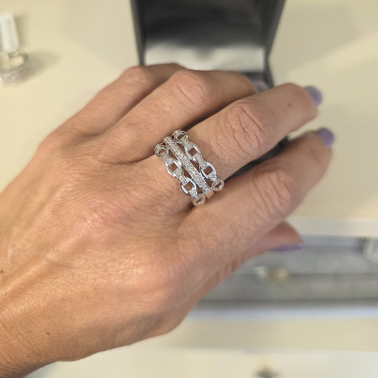 Anillo Eslabones Cadena Oro Blanco