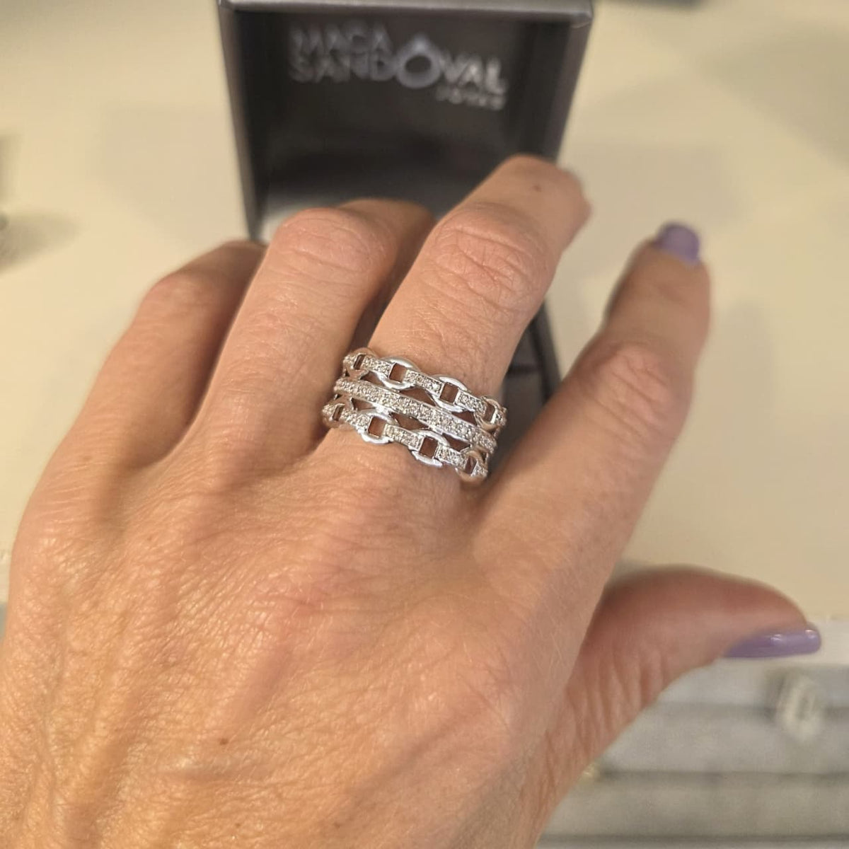 Anillo Eslabones Cadena Oro Blanco