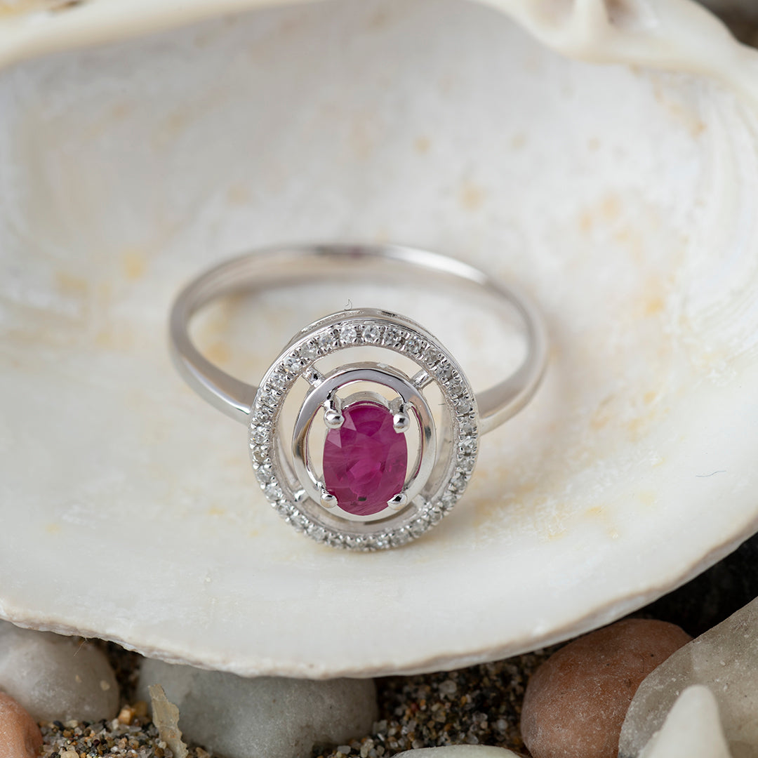 Anillo Halo Rubí Oval Oro Blanco 18K