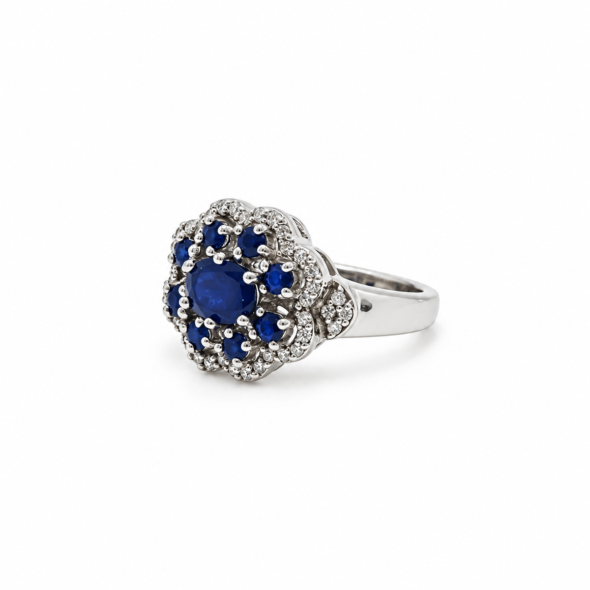 Anillo Plata Rodinada Roseta De Zafiros