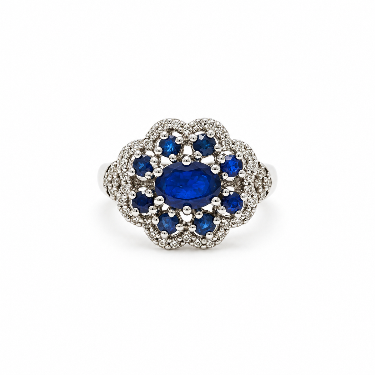 Anillo Plata Rodinada Roseta De Zafiros