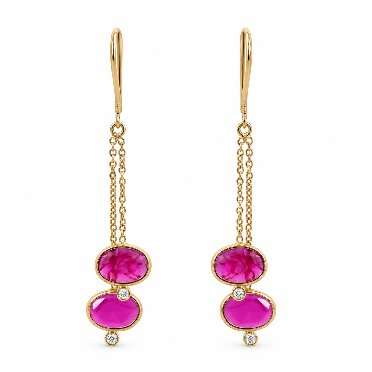 Aros Colgantes Oro Amarillo 18K Rubí y Brillantes