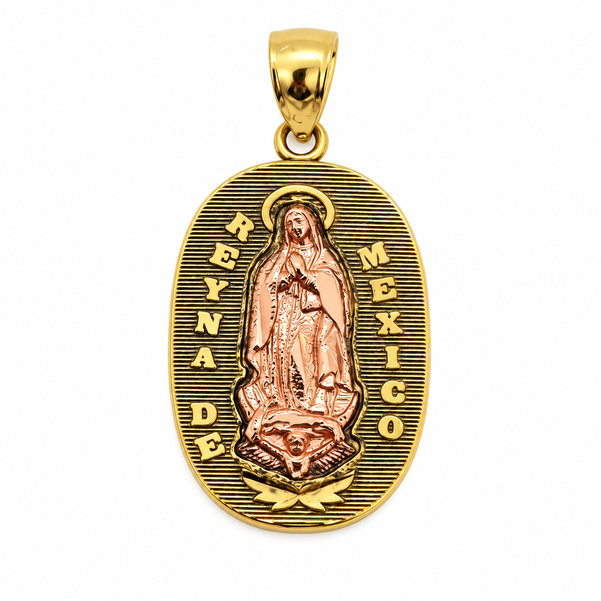 Colgante Oro Amarillo Y Rosado Virgen Reyna De México