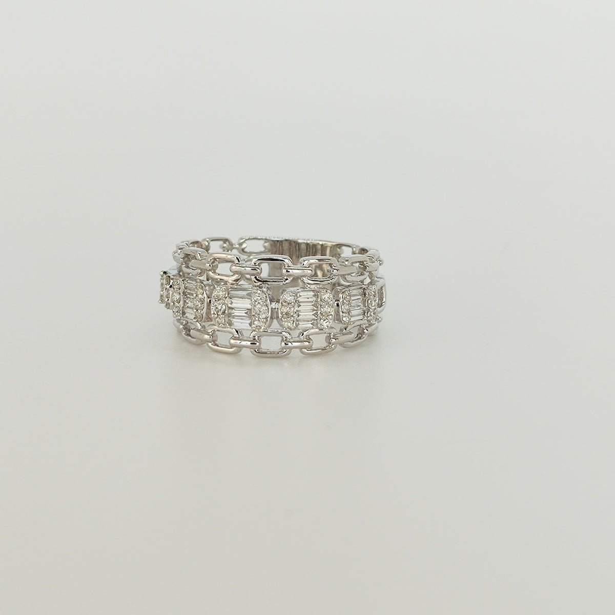 Anillo Cadena Oro Blanco Diamantes Baguette