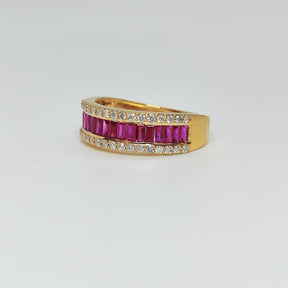 Anillo Rubíes Baguette Y Brillantes Oro Amarillo 18K