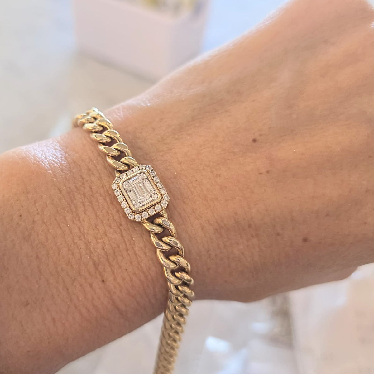Pulsera Oro Amarillo Eslabones Y Diamantes Baguette