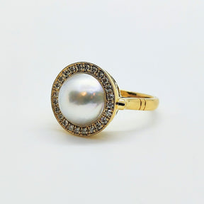 Anillo Gran Perla Acoya Oro Amarillo 18K Y Brillantes