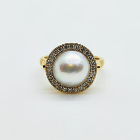 Anillo Gran Perla Acoya Oro Amarillo 18K Y Brillantes
