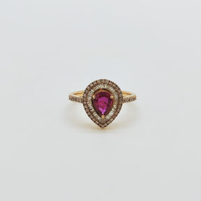 Anillo Gota Rubí Y Brillantes Baguette Oro Amarillo