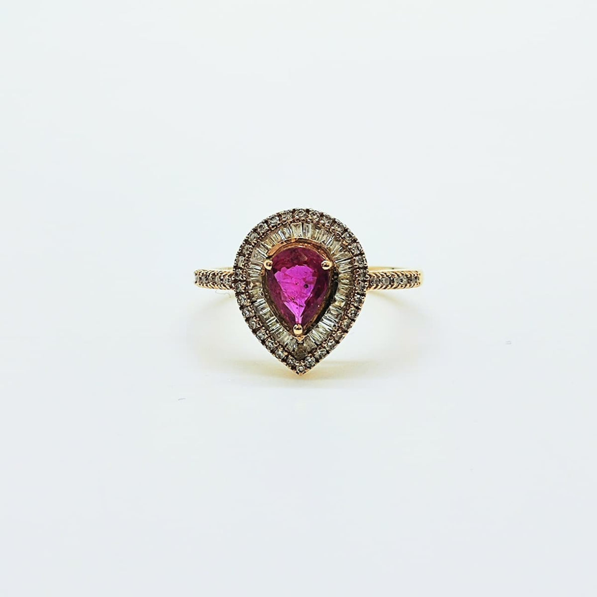Anillo Gota Rubí Y Brillantes Baguette Oro Amarillo