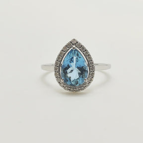 Anillo Oro Blanco Gota Aguamarina Y Brillantes