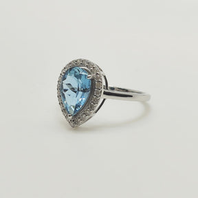 Anillo Oro Blanco Gota Aguamarina Y Brillantes