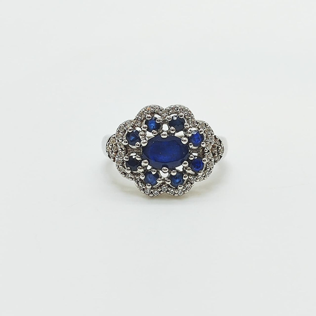 Anillo Plata Rodinada Roseta De Zafiros