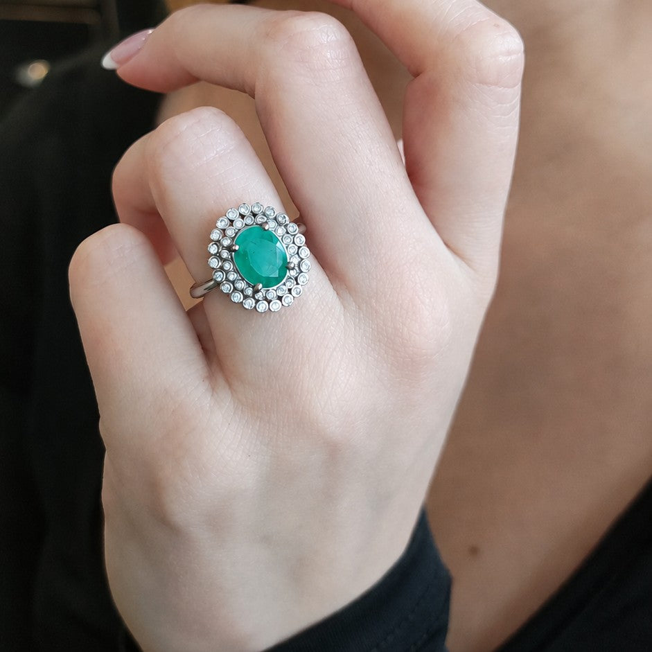 Anillo Plata Rodinada Esmeralda Oval