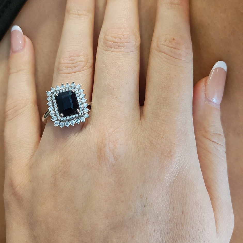Anillo Plata Rodinada Zafiro Rectangular