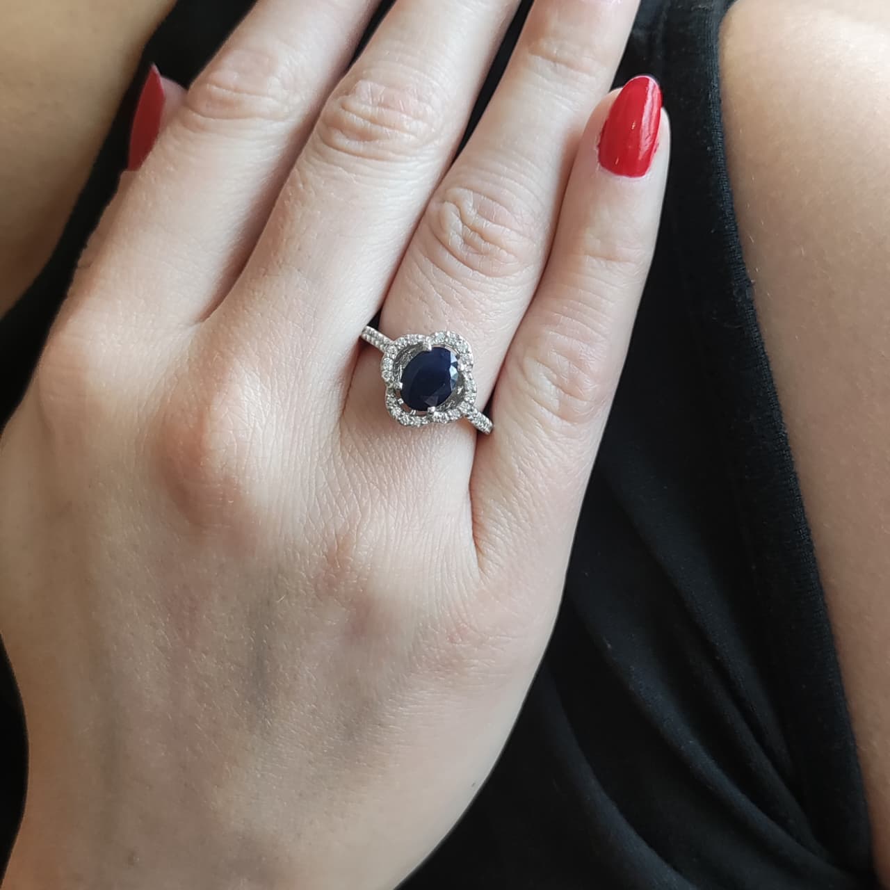 Anillo Roseta Oval Zafiro Plata Rodinada
