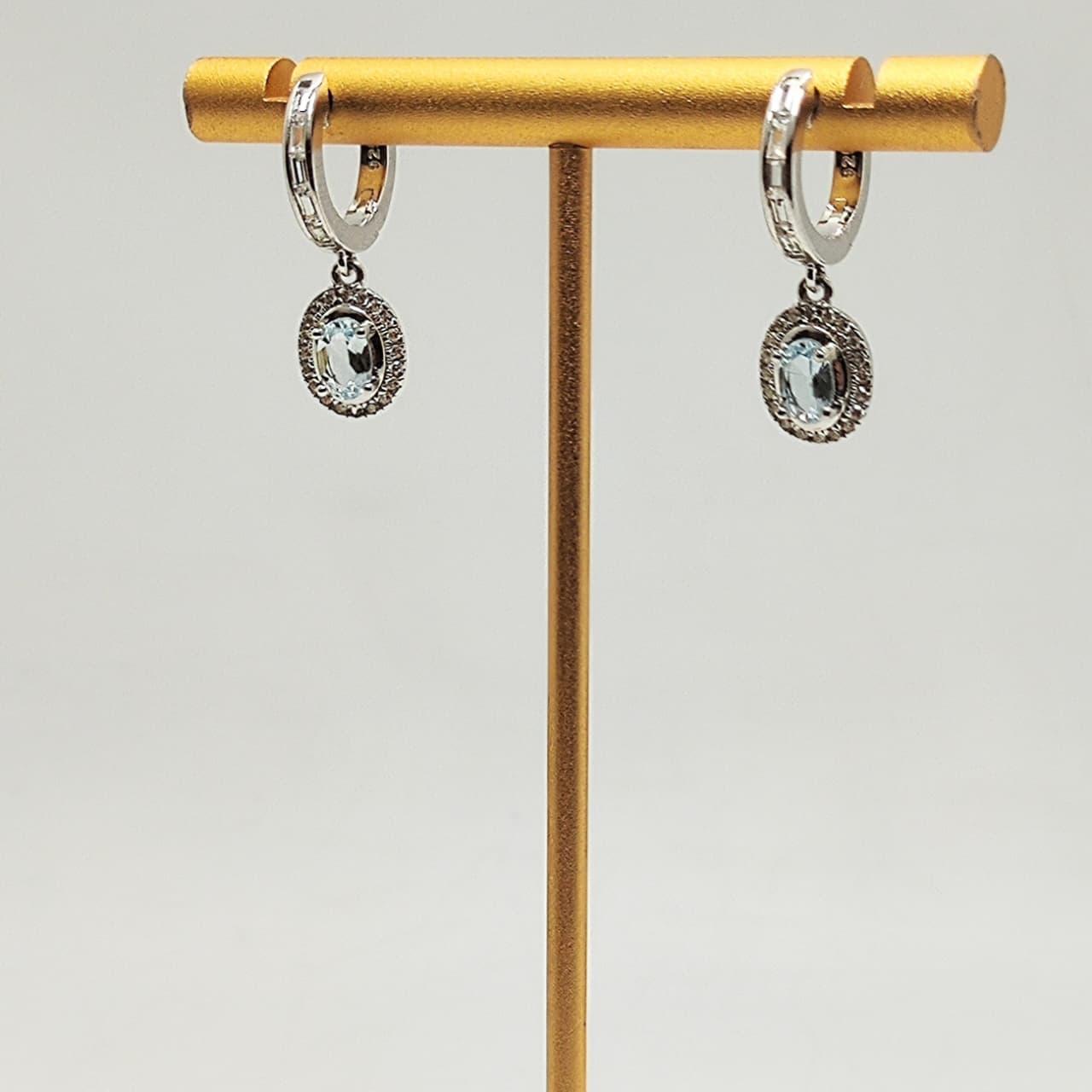 Aros Largos Plata Rodinada Aguamarina Oval