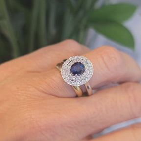 Anillo Doble Halo Brillantes Zafiro Oro Blanco
