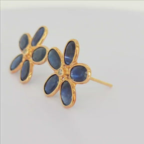 Aros Flor Oro Amarillo Zafiros y Brillante