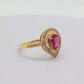 Anillo Rubí Mozambique Corte Pera Y Brillantes Baguette Oro Amarillo