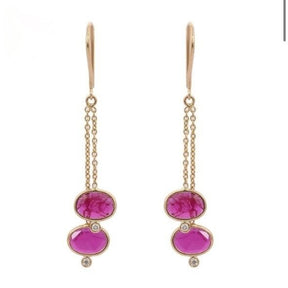 Aros Colgantes Oro Amarillo 18K Rubí y Brillantes