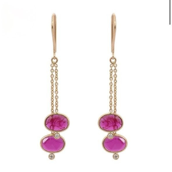 Aros Colgantes Oro Amarillo 18K Rubí y Brillantes